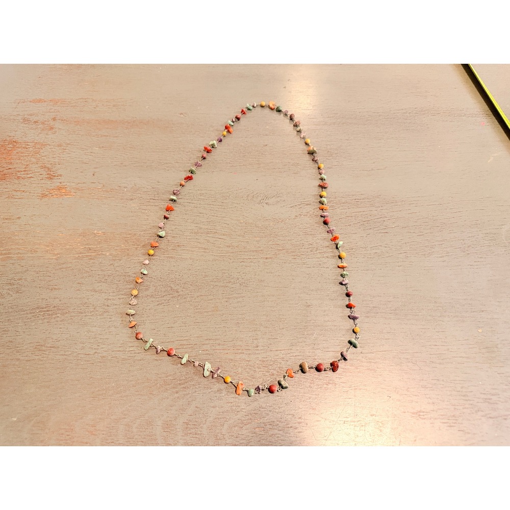 Multicolor Natural Stone Chip Long Strand Necklace Boho Wire Wrapped Beaded 40"